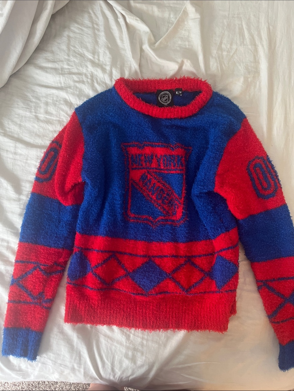 NHL New York Rangers Blue and Red Fuzzy Crewneck Sweater
